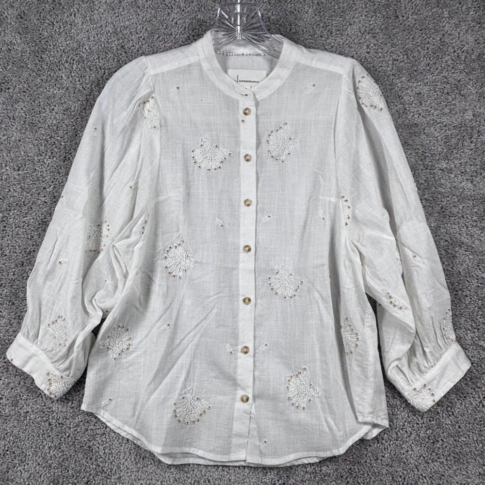 Anthropologie White Cotton‎ Embroidered Starburst Button Down Blouse XXS